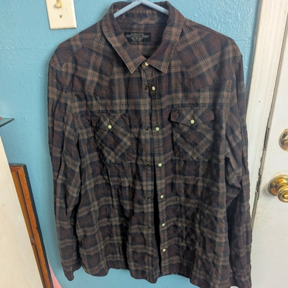 allsaints Brown Plaid Button-Up Shirt - Picture 1 of 1